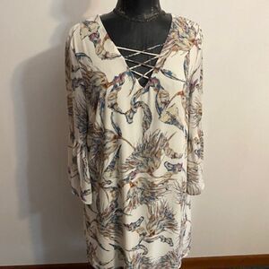 Fab'rik White Leaf Print Silk Blend bell sleeves dress, size L